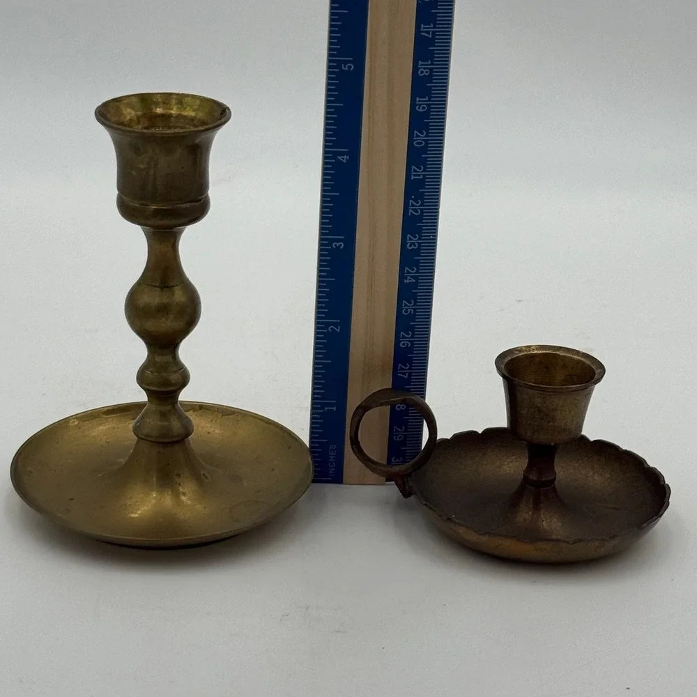 Vintage Brass Candlestick Holder Set Spindle Taper and Scalloped Chamberstick
